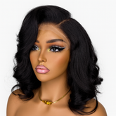 Mannequin head with a black wig on a white background